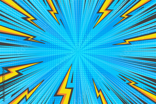 Comic cartoon thunder power background. Pop art abstract graphic with lightnings and light burst. Manga book illustration with explosion and halftone effect. Speed lines radial rays anime frame