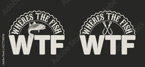 Vector set of fishing lettering bundle with fish, double hook illustrations
