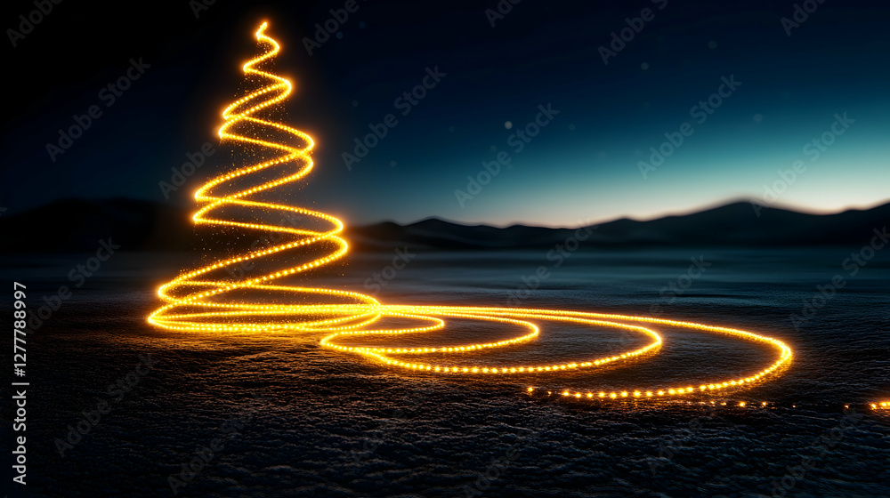Obraz premium At sunset, a honeycomb Christmas tree stands in a meadow.