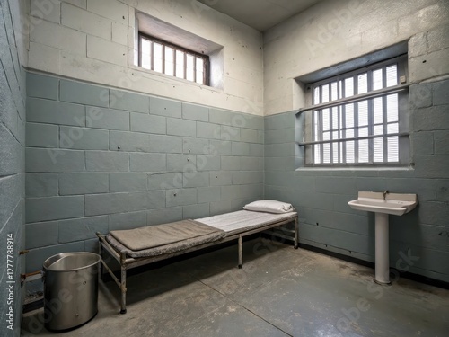 Prison Cell Features Metal Cot and Barred Windows