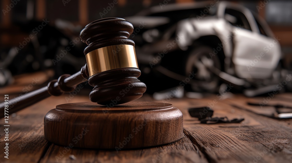 Justice symbol with a backdrop of a car accident. Justice symbol with a backdrop of a car accident.
