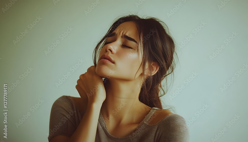 Brunette woman exhibiting discomfort by holding her neck closely Brunette woman exhibiting discomfort by holding her neck closely