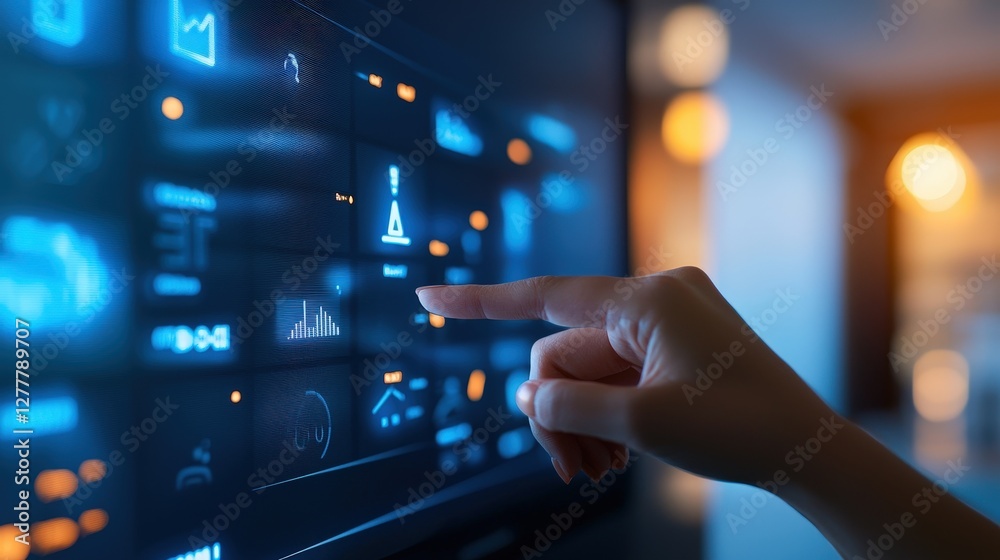 A person is interacting with a futuristic touchscreen displaying various digital icons and data visualizations. A person is interacting with a futuristic touchscreen displaying various digital icons and data visualizations.
