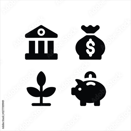  Set of nine black and white business and professional icons, including business people, briefcase, growth chart, magnifying glass, clock, globe, calculator, and other symbols representing work