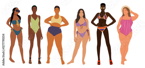 Diverse women in bikini set. Attractive girls with different body types, skin colors standing in colorful swimsuits. Vector realistic illustrations isolated