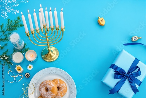 Hanukkah celebration concept with menorah, lit candles, dreidels, donuts, candles, and a blue gift box with ribbon on a bright blue background. Ai generative photo