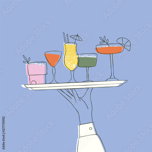 Cocktails in glasses and goblets on tray. Poster with waiter hand holding alcoholic drinks on tray.  Illustration for bar or party. Flat vector illustration