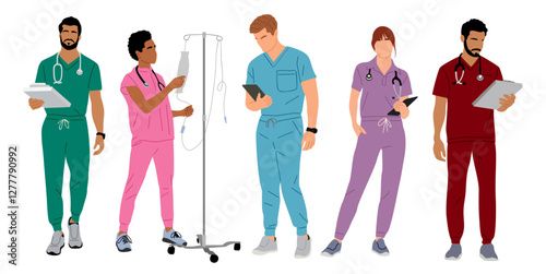 Set of standing and walking doctors, nurses, paramedics. Different male, female medic workers in uniform scrubs with tablet, stethoscope, dropper stand. Vector illustration