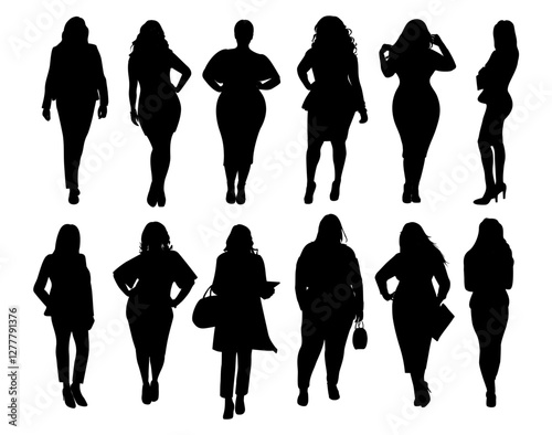 Silhouettes of different women Standing and walking front, side, Rear View. Female Characters Back View vector monochrome illustrations, icons Isolated 