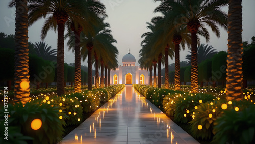 A beautifully lit pathway lined with palm trees leading to a white mosque, glowing with warm lights in a tranquil evening setting.