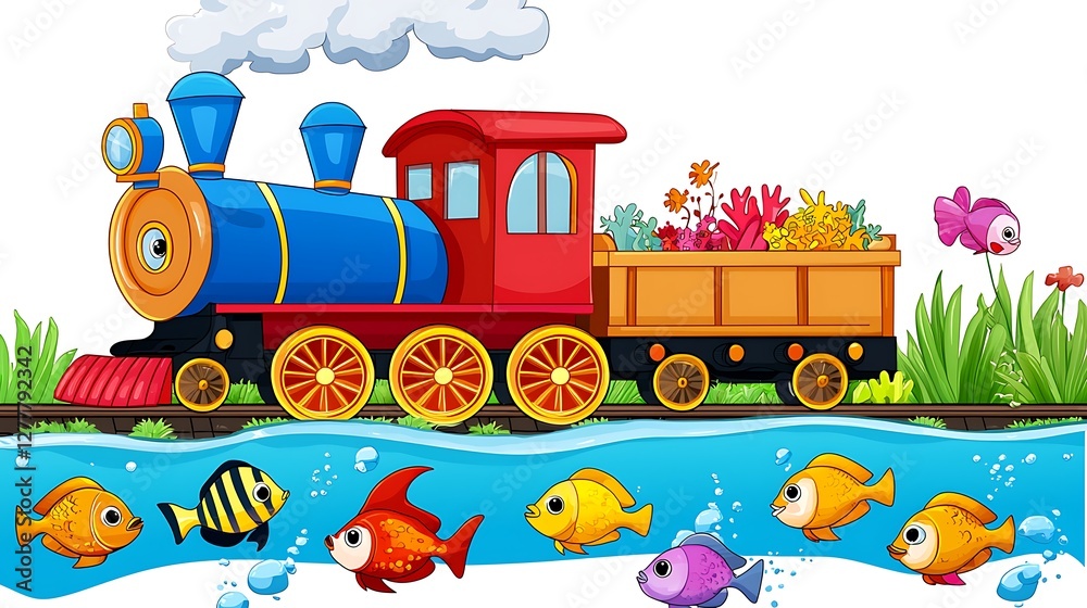 Obraz premium Colorful Cartoon Train Transporting Coral Reef Over Water with Fish.