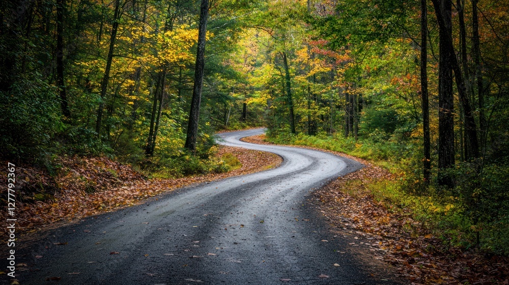 Fototapeta premium An oblique perspective of a winding road through a dense forest.