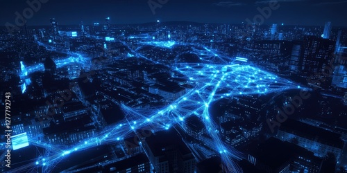 Night city network aerial view