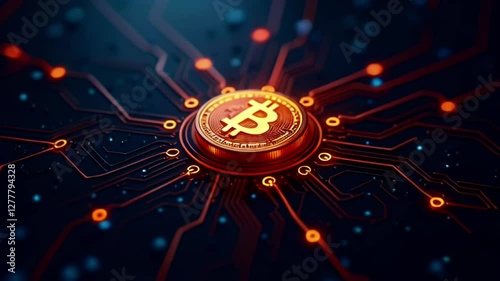 Abstract technology background with glowing lights around a cryptocurrency coin. 