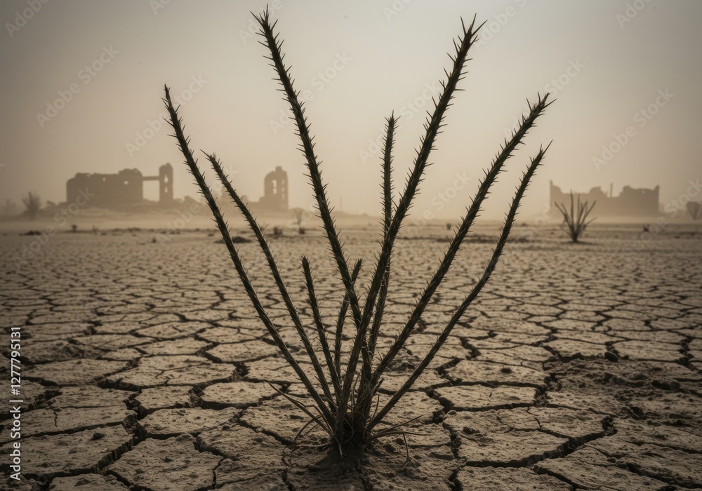 Fototapeta premium Drought-stricken landscape featuring a solitary madagascar ocotillo amidst cracked earth and abandoned structures