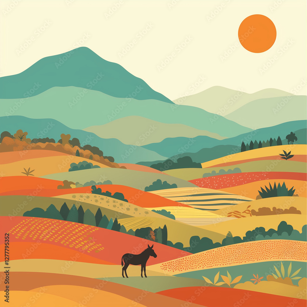 Fototapeta premium Scenic countryside landscape with a donkey under the sun.