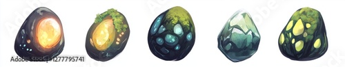 Glowing fantasy eggs, moss, crystals; game asset