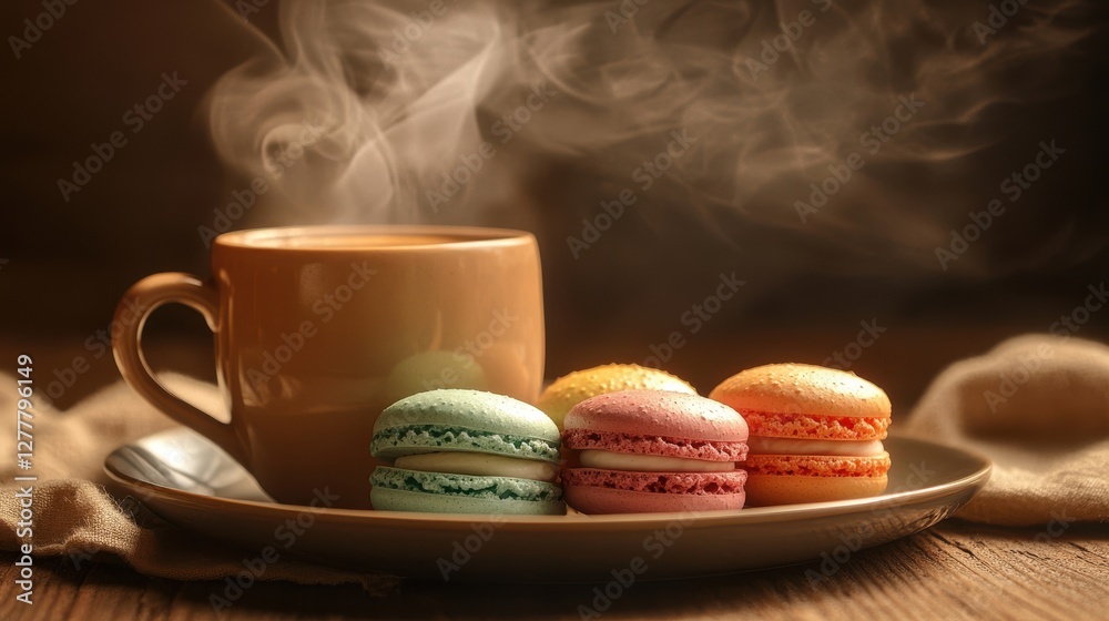 colorful macaroons in a cup with a cup of coffee colorful macaroons in a cup with a cup of coffee