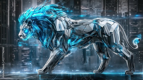 Detroit lion-inspired artwork with futuristic metallic design, glowing blue mane, abstract geometry detailing its body, urban cityscape in the background, modern and sleek