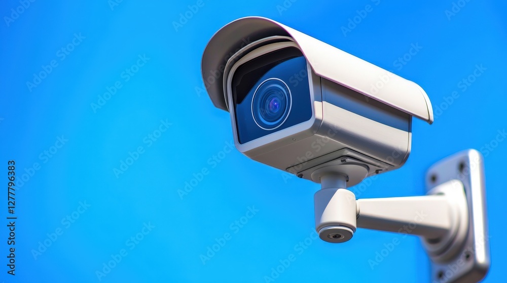 A security camera mounted on a wall, capturing the clear blue sky, designed for surveillance and monitoring purposes. A security camera mounted on a wall, capturing the clear blue sky, designed for surveillance and monitoring purposes.