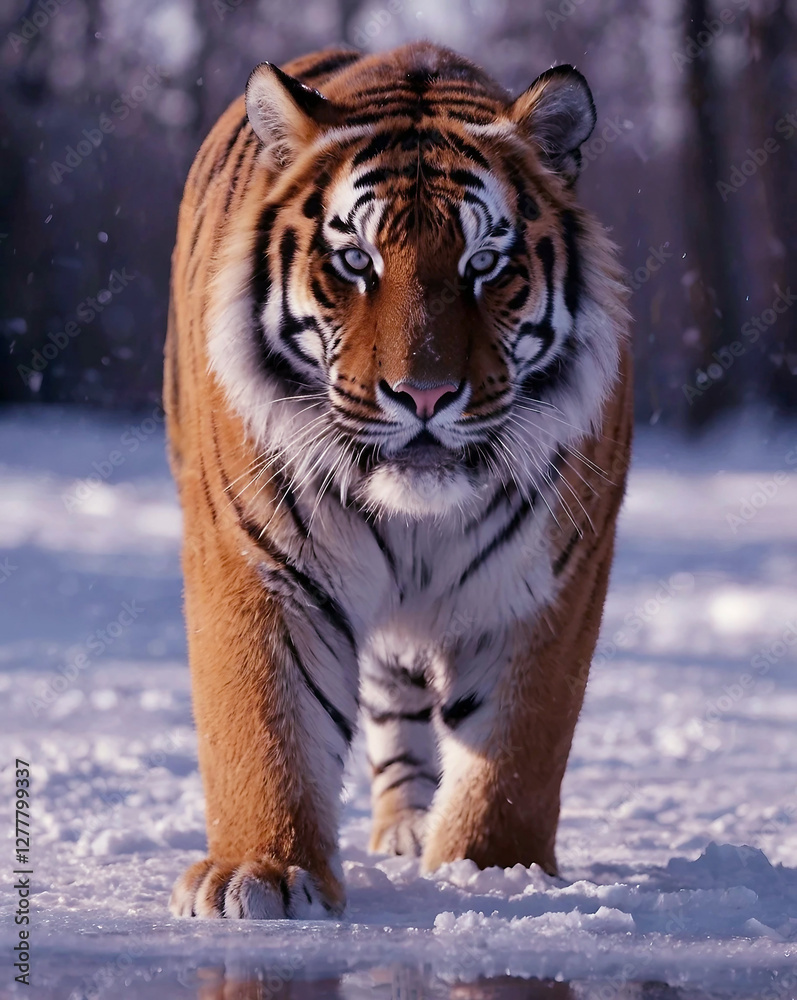 Obraz premium A Royal Bengal Tiger Looks Menacing in the Snow-Covered Forest. 