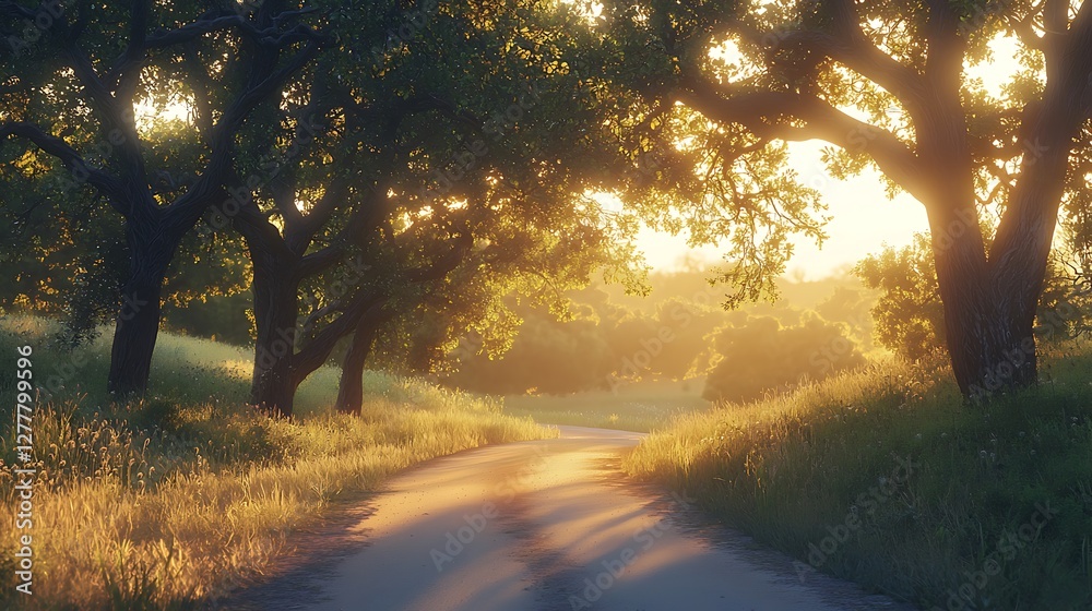 Obraz premium A peaceful sunrise illuminating a countryside road bordered by towering oak trees
