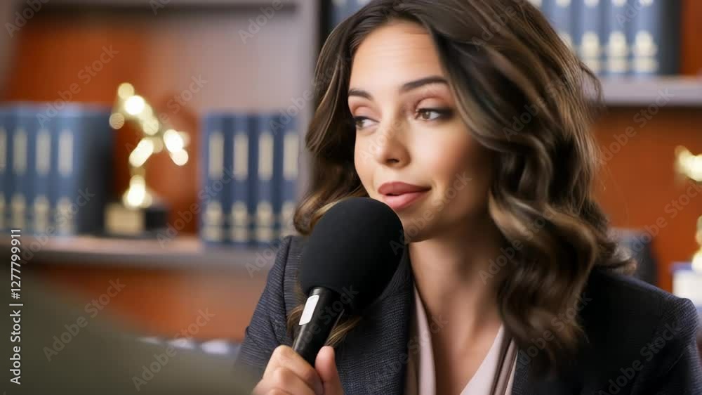 Confident female journalist reacts to an intriguing statement, speaking into a microphone in a professional office with bookshelves and awards in the background Confident female journalist reacts to an intriguing statement, speaking into a microphone in a professional office with bookshelves and awards in the background