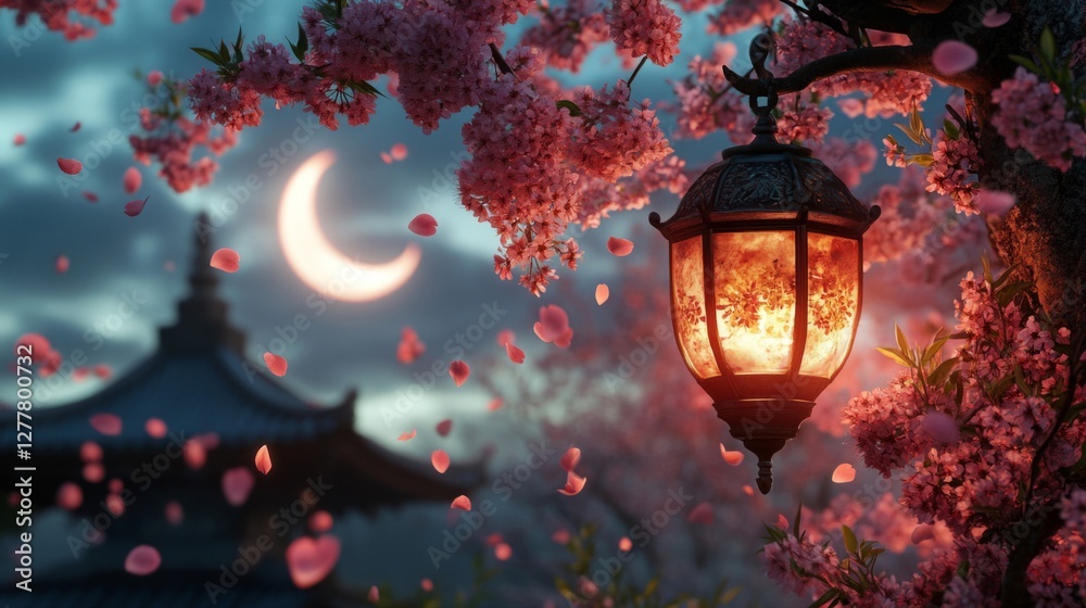 Obraz premium Glowing Lantern Under Cherry Blossom Tree at Night