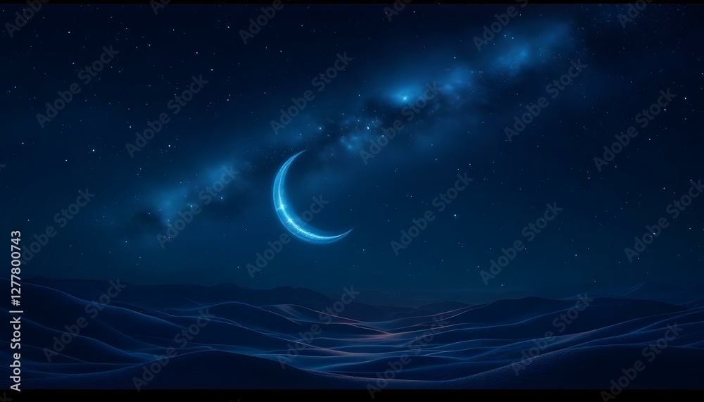 Fototapeta premium The crescent moon and a star are visible above a mosque, representing the essence of Ramadan in an Islamic context