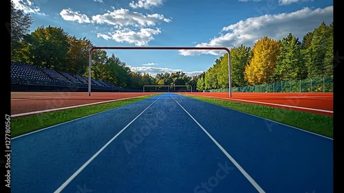 Vibrant athletic track with hurdles under a clear blue sky in autumn
