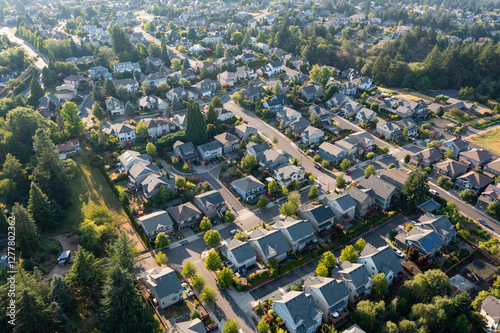 Aerial drone view of Tigard, Oregon, showcasing suburban neighborhoods, tree-lined streets, commercial areas, parks, and roads, with a mix of residential and business districts in the Portland metro   photo