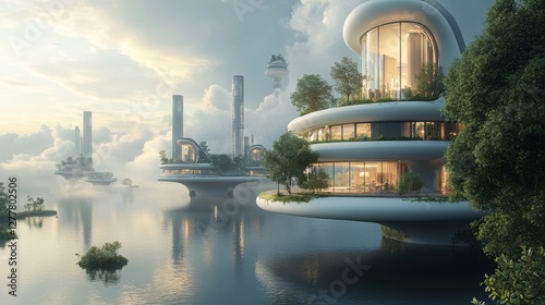 Futuristic Architectural Marvels in a Serene Urban Landscape with Water Reflection and Lush Vegetation