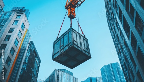 City Crane Lifting Box Amidst Skyscrapers photo