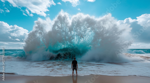 A man stands on the beach, facing an enormous wave crashing into him from behind, creating massive splashes and waves that reach up to his waist in water. The scene is captured wit