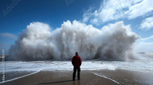 A man stands on the beach, facing away from the camera, as a massive wave crashes behind him. The scene is captured in a full-body view with a wide-angle lens, highlighting both hi