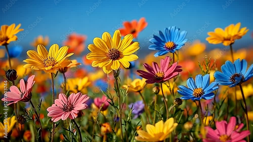 Vibrant field of colorful flowers under a clear blue sky, showcasing nature's beauty and serenity Vibrant field of colorful flowers under a clear blue sky, showcasing nature's beauty and serenity