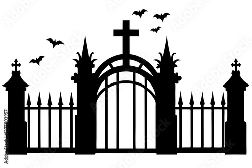Gothic cemetery gate Silhouette on white background
