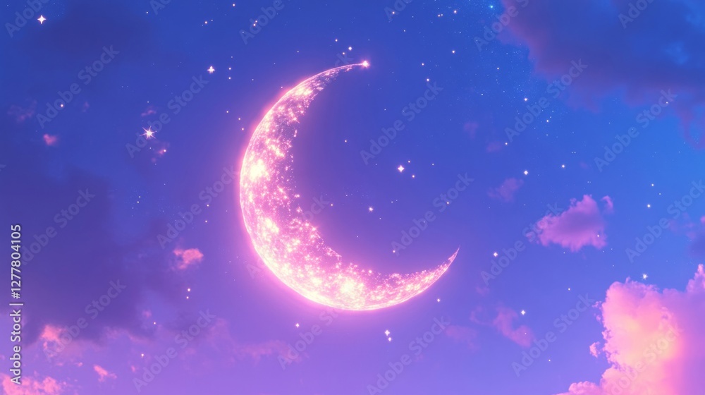 Fototapeta premium Sparkling Pink Crescent Moon in a Dreamy Night Sky
