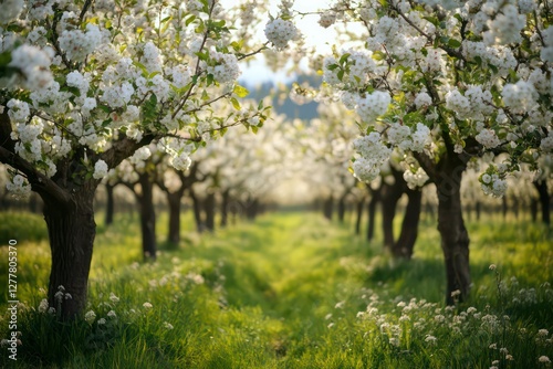 A breathtaking orchard in early spring, with blossoming apple trees creating a fairy tale-like setting.