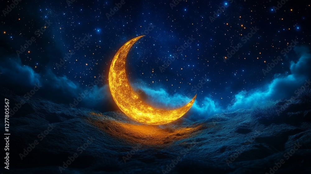 Golden Crescent Moon in a Starlit Night Sky Golden Crescent Moon in a Starlit Night Sky