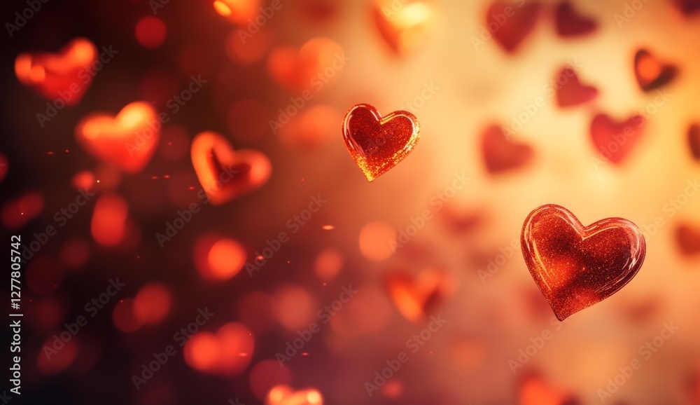 Romantic red hearts floating, bokeh background, Valentine's Day card Romantic red hearts floating, bokeh background, Valentine's Day card