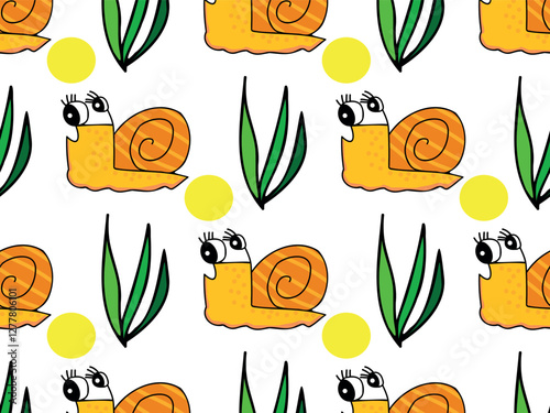 Funny, cute, friendly and nice snails, snail, grass, sun. Cartoon drawing. Seamless vector pattern for design and decoration. 