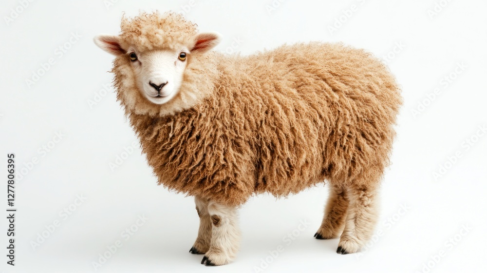Fluffy sheep posing, white background, farm animal Fluffy sheep posing, white background, farm animal