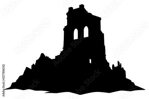 A ruin, destroyed tower Silhouette on white background