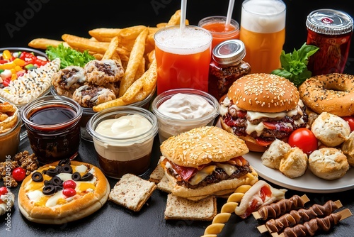 An unhealthy diet leading to obesity, showcasing processed foods and sugary drinks.