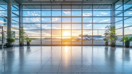 Expansive airport atrium with futuristic design, high glass walls, and a sunrise view. photo