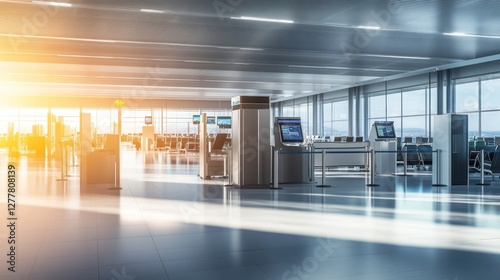 High-tech airport security area with sleek architecture and early morning light.