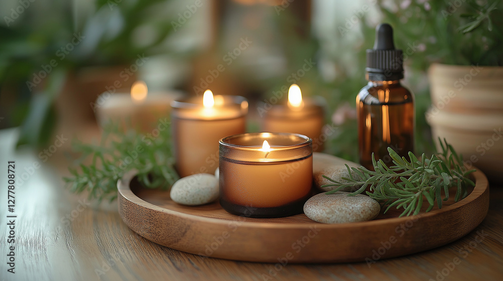 Serene Spa Setup: Close-up captures a spa-like arrangement of candles, essential oil and stones, embodying tranquility and wellness. Serene Spa Setup: Close-up captures a spa-like arrangement of candles, essential oil and stones, embodying tranquility and wellness.