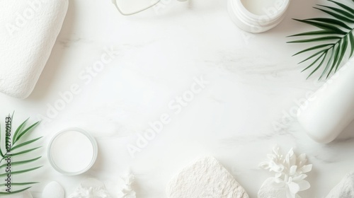 Spa essentials arranged on a white background for relaxation and wellness