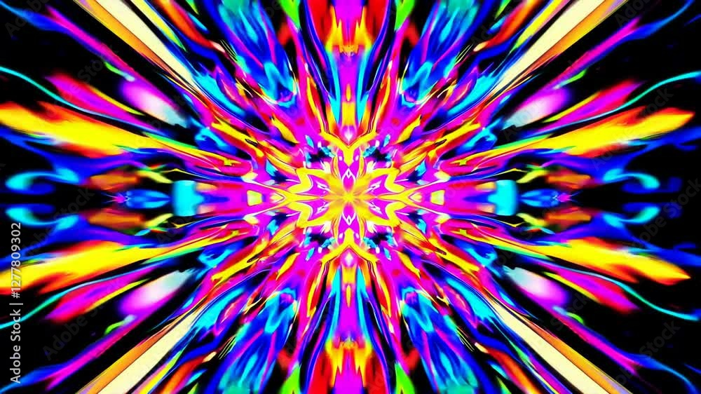 Colorful abstract light explosion with vivid neon hues and symmetrical patterns on black background. Futuristic digital art and psychedelic design concept